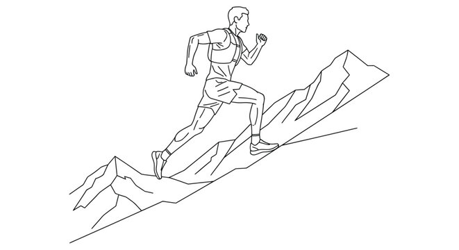 Silhouette of a male runner ascending a rocky mountain landscape