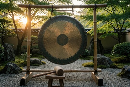 Large bronze gong hangs on bamboo frame in Japanese Zen garden at sunrise. Traditional musical instrument sits in rock garden with pebbles, trees, moss. Peaceful morning scene for meditation,