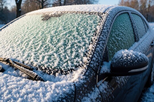Car windshield covered with frost and snow on cold winter morning. Ice crystals form patterns on glass. Outside parked auto waits for clear weather.