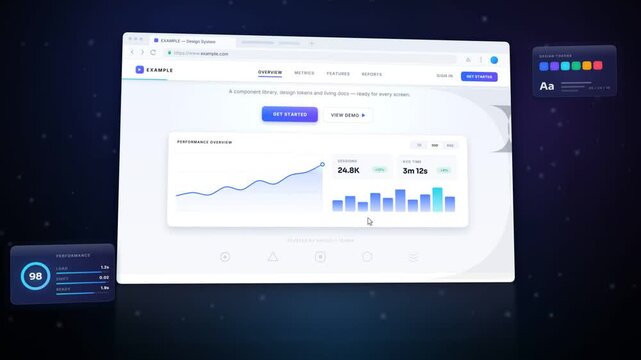 Website landing page scrolling in a browser with charts counters and a gradient call to action