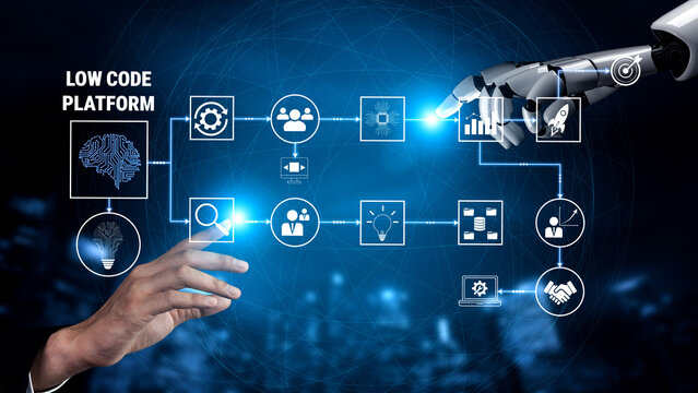 Futuristic Concept of Low Code Platform with Human Hand and Robotic Hand Interacting in Digital Environment for Technology Innovation Quark.