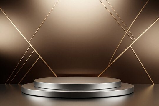 Two tiered metallic podium with gold lines on topaz gradient. Abstract geometric background for product presentation. Modern luxury studio display for promotion.