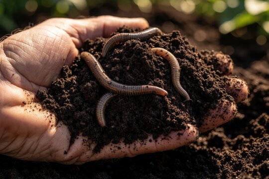 Male hand holds pile of fertile black soil with earth worms. Organic compost with humus, living worms in garden. Farmer checks dirt quality for planting in spring. Sustainable agriculture, soil