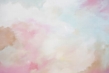 Fototapeta premium Abstract oil painting featuring soft pastel colors of pink, blue, and brown, creating a smooth and gentle background texture