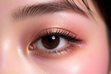 Fototapeta premium Extreme close up of human eye with pink makeup. Young woman glitter eyeshadow, long dark eyelashes. Shimmery cosmetic texture on skin, soft glow, beautiful brow, fashion beauty look, glamorous facial