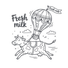 Fototapeta premium Whimsical Cow Ascends Skyward Aboard Delightful Hot Air Balloon Adventure