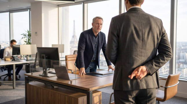 Employee talking to his boss in the office while crossing his fingers behind his back