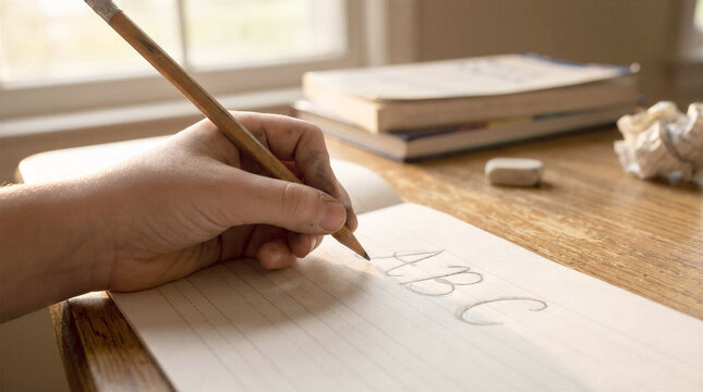 Left-handed child learning to write letters in a notebook at a wooden desk