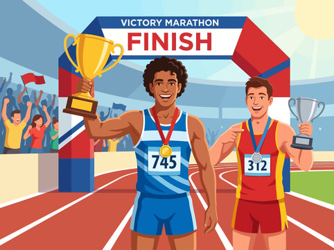 Victory Marathon Finish Line Champions Holding Trophies Celebrating Triumph