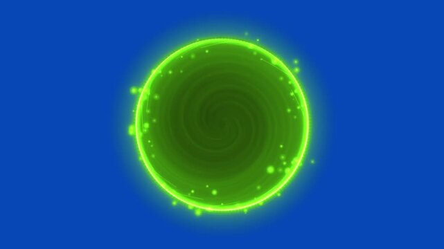 Green energy portal ring expanding and shrinking on a blue screen chroma key background