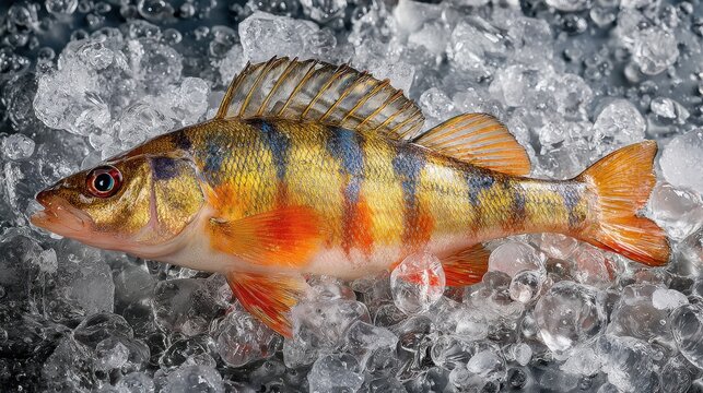 Fresh yellow perch fish with vibrant orange fins displayed on crushed ice