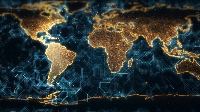 Digital world map with glowing gold continents and blue circuit board ocean technology background