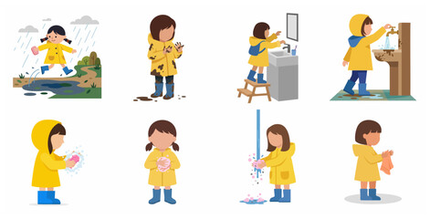 Fototapeta premium Little girl in yellow raincoat playing in mud and washing hands sequence vector illustration for kids hygiene and health education