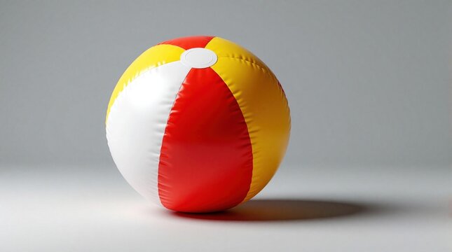 Red yellow white beach ball sits on plain gray backdrop. Inflatable toy casts subtle shadow. Simple object represents summer fun, ocean holidays, and outdoor recreation.