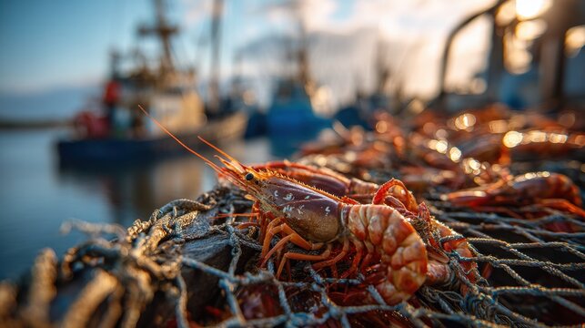 Fresh caught lobster and prawns on fishing net at harbor dock at golden hour