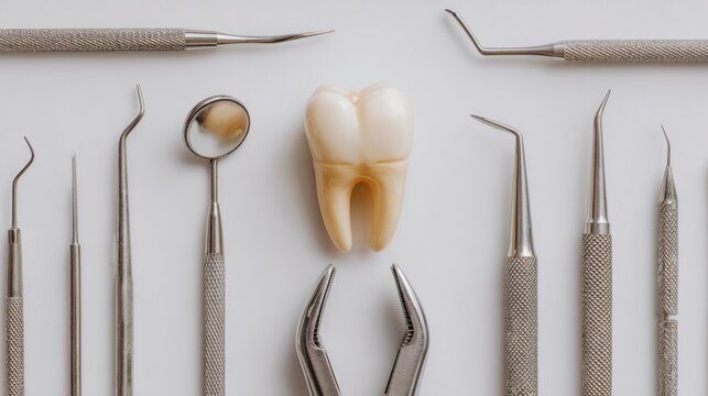 Dental tools and molar tooth model flat lay on white background