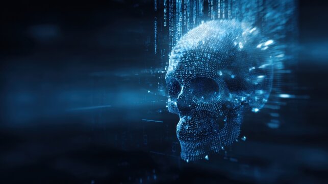 Digital skull made of binary code glowing blue on dark background, cybersecurity concept