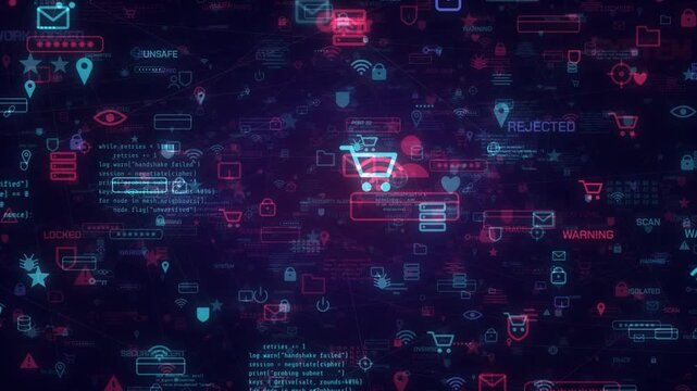 Cyber security icon and alert word background with neon padlock shield and warning symbols drifting