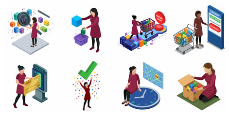 Fototapeta premium Isometric Online Shopping and E-commerce Customer Journey Illustration Set Featuring Search, Cart, Checkout, Credit Card Payment, Tracking, and Unboxing Stages