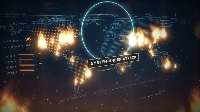Cyber attack world map dashboard extinguishing fires as a containment ring restores the global grid