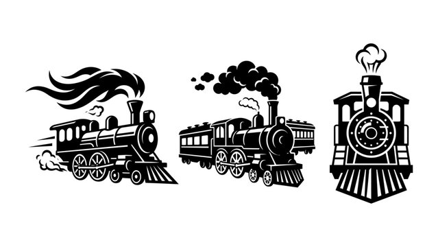 Steam train featuring locomotive in motion, side view train with carriages, front view vintage engine
