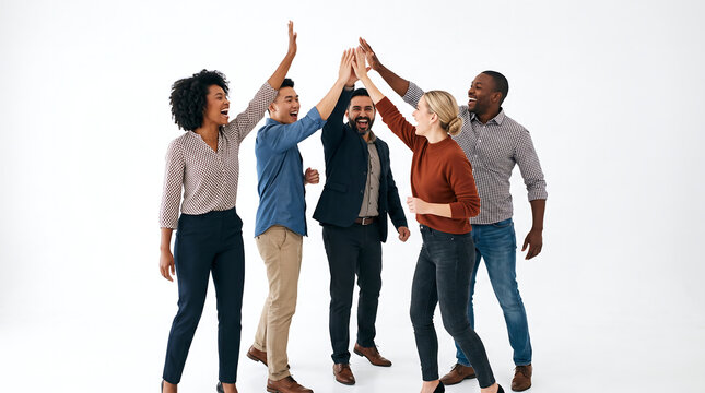 Diverse group of colleagues celebrating success with high fives in a studio setting isolated on white background