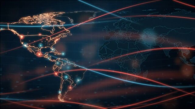 Global network world map with red and blue light trails and glowing city nodes coming into focus