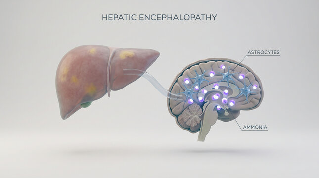 Medical illustration of hepatic encephalopathy and the effect of ammonia