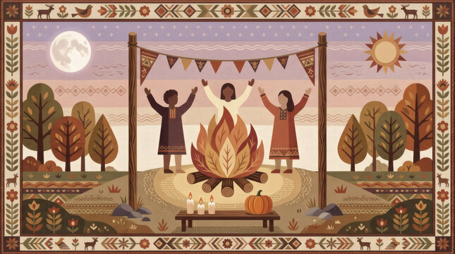 People celebrating the Autumnal Equinox around a bonfire in nature  
