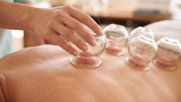 Traditional cupping therapy procedure with glass cups on a person's back