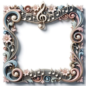 Elegant musical frame combines floral elements with sheet music. Treble clef and notes adorn border. Pastel colors create decorative, artistic border for music themes or event invitations.