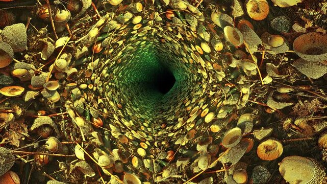 Abstract natural tunnel with falling autumn acorns