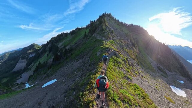 Overhead View of Couple Hiking Through Amazing Scenery in Washington Mountains