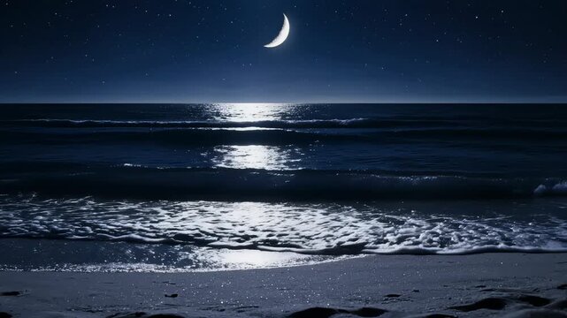 Crescent moon shining over ocean waves under a starry night sky, moonlight reflecting on sea surface and sandy beach. Nature background, tranquil atmosphere.