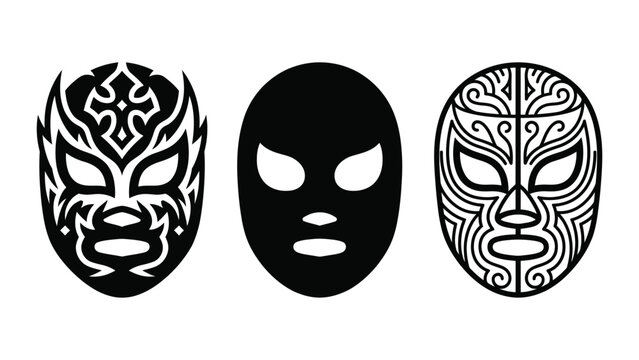 Mexican lucha libre wrestling masks in with intricate tribal patterns plain on background, for sports