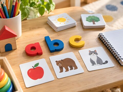 Wooden Alphabet Letters and Picture Cards for Preschool Phonics