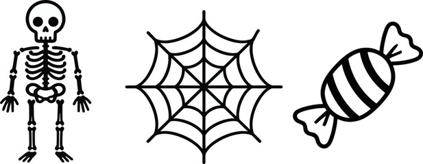 Fototapeta premium Halloween icon set featuring a skeleton, spider web, and candy in a simple black and white design