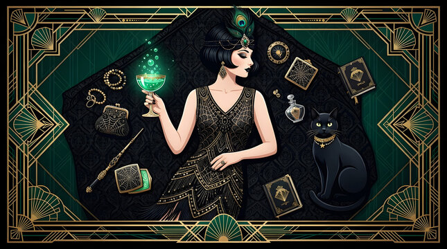 Art Deco Witch Illustration with Glowing Cocktail and Black Cat