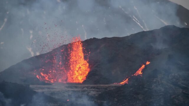 Volcano Close Up View of Erupting Crater With Dangerous Smoke in Geldingadalir Valley Near Fagradalsfjall Mountain Iceland Ejecting Hot Lava Symbolizing Climate Crisis and Natural Power in 4K Ultra HD