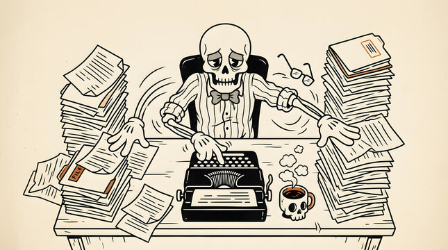 Overworked Skeleton Bureaucrat Typing on Vintage Typewriter