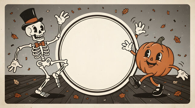 Retro Halloween Banner with Dancing Skeleton Pumpkin and Copy Space