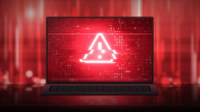Laptop screen showing a glowing red warning triangle over a red digital code background