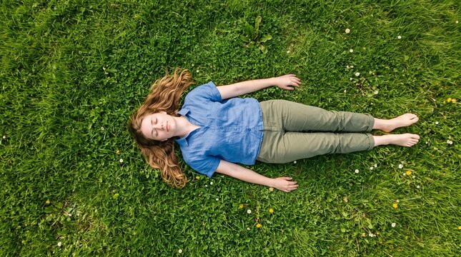 Young Woman Lying Down on Green Grass with Eyes Closed Enjoying Nature and Relaxation