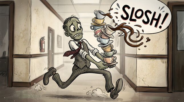 Stressed Zombie Businessman Running with Spilling Coffee Cups in Office