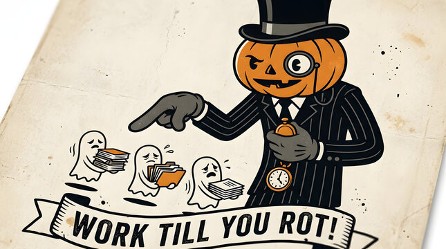 Vintage Halloween Cartoon of Pumpkin Boss and Overworked Ghost Workers