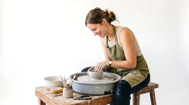 Woman happily working on a pottery wheel creating a ceramic bowl with clay on her hands and apron isolated on white background