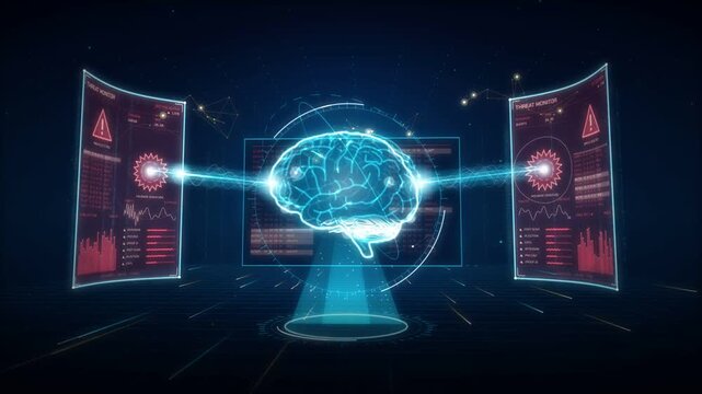 Holographic blue brain projection linked to red warning dashboard panels on a dark HUD interface
