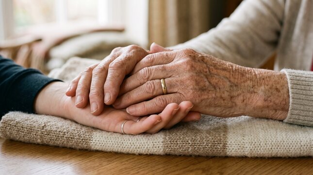Intergenerational hands holding tenderly showing support and care between a younger person and an elder