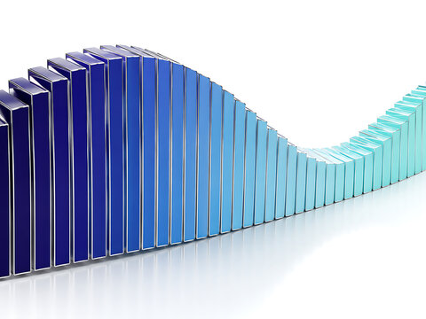 Declining blue bar graph with a gradient effect on a white reflective surface