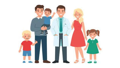 Fototapeta premium Family doctor vector illustration with family doctor character pediatric clinic elements healthcare practitioner and happy patient group icons